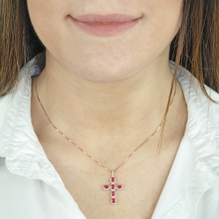 Collier con Croce Pietre Ovali Rosa in Argento 925 Rosè